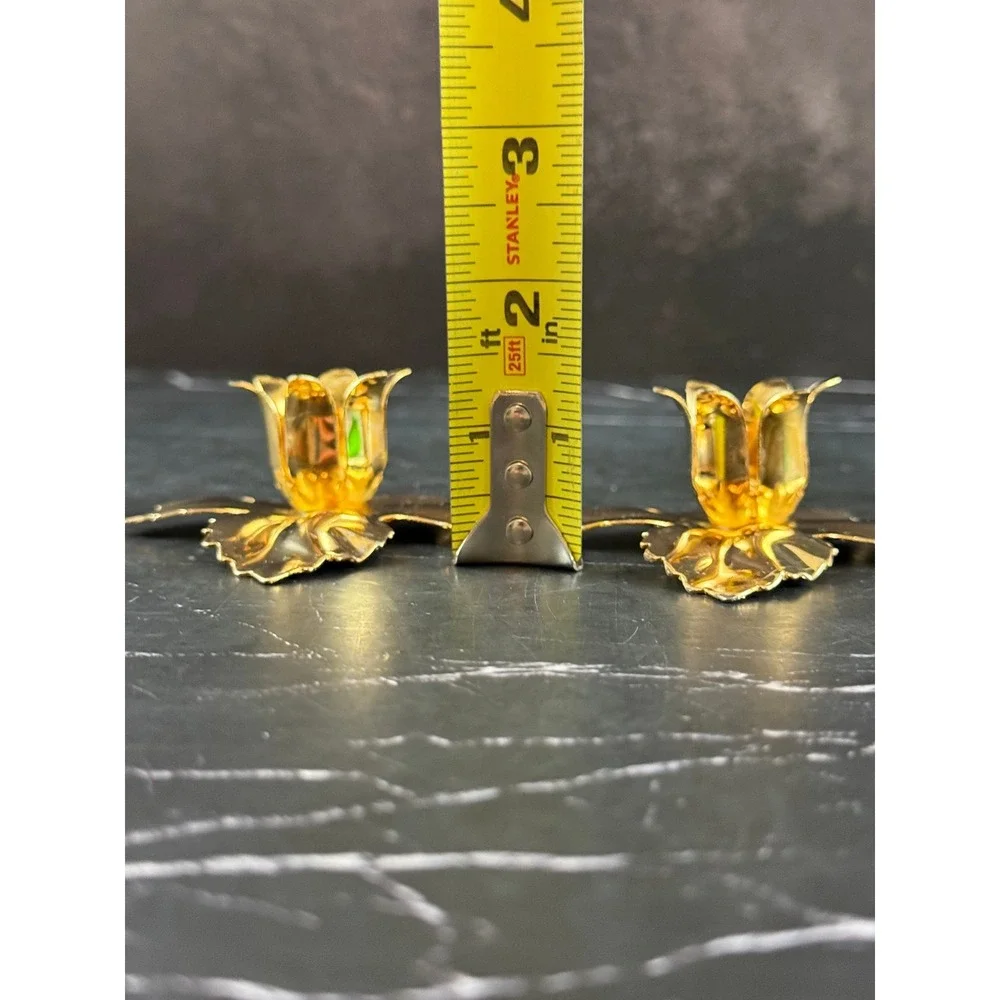 VTG PAIR (2) Gold Tone Metal Leaf Candle Holders 1.5X3X3